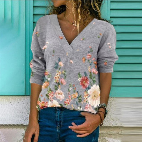 Fall/Winter Printed Loose V-Neck Long Sleeve Shirt