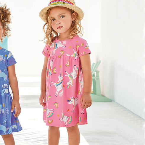 European And American Style Girls Short Sleeve Dress Summer Knitted Cotton Cartoon Round Neck Princess Dress Cute Printed Children's Dress