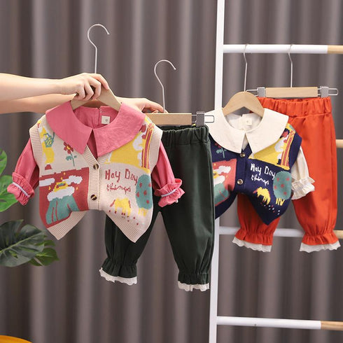 Girl's Personality Sweater Cardigan Three Piece Set Baby Girl's Lapel Shirt Long Sleeve Set