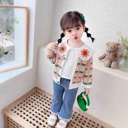 Flower Cardigan Three Piece Set Baby Girl Lapel Shirt Long Sleeve Set