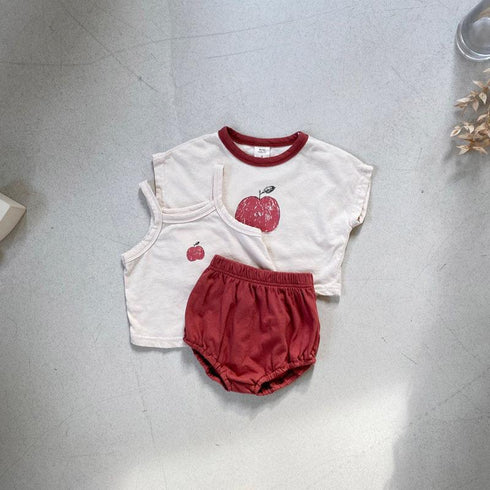 Summer Fruit Casual Three Piece Set Short Sleeve Suspender T-shirt Shorts Set