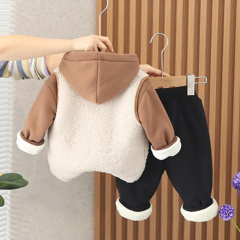 Winter boys thick hooded vests long sleeve three-piece set