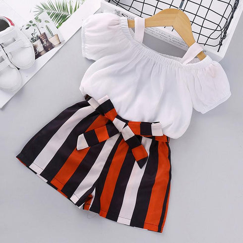 Summer girls suspender short sleeve striped shorts set