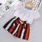 Summer girls suspender short sleeve striped shorts set