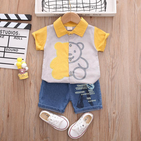 Children's Stripe Stitched Bear Shirt Shorts Two-piece Set