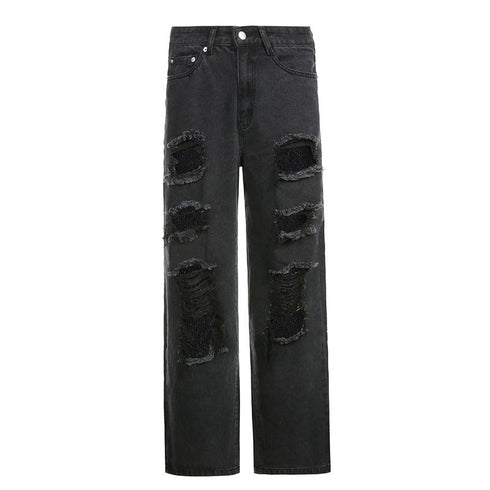 Hip Hop High Waist Straight Jeans With Rough Edges And Holes