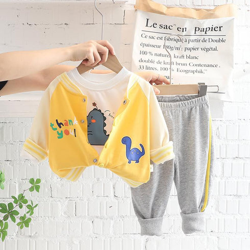 Small Dinosaur Round Neck Baseball Suit Three Piece Set Baby Sports Pants Set
