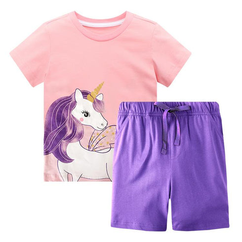 Girls Short Sleeve T-shirt Set 2022 Summer New Cotton Fashion Cute Unicorn Printing Two-piece Set