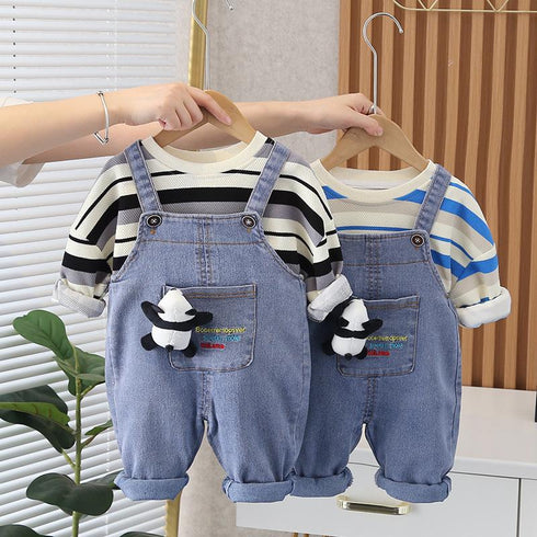 Boys' Casual Jeans Suspenders Two-piece Set Boys' Round Neck Sweater Long Sleeve Set