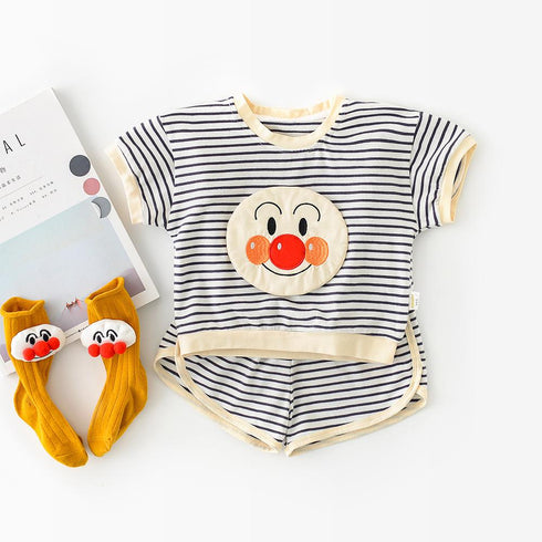 Cartoon Embroidered Stripe Short Sleeve Shorts Two Piece Set