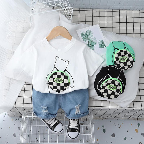 Handsome Round Neck Short Sleeve Suit With Zipper Bag Denim Shorts Two-piece Set