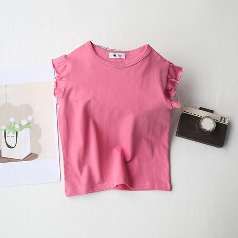 Ruffled Crewneck Feifei Short Sleeve T-Shirt Solid Color Top