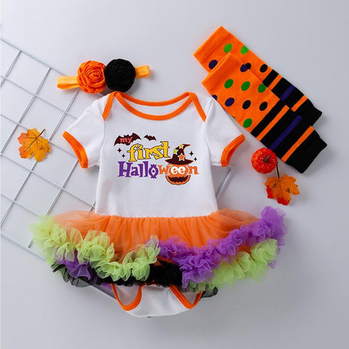 Halloween Baby Dress Printed Net Sand Dress, Exotic Cute Short Sleeved Dress And Socks Set