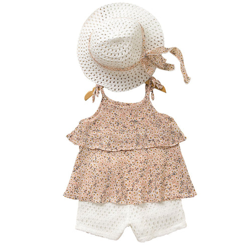 Summer Girl's Floral Hanging Shirt Shorts Straw Hat Set
