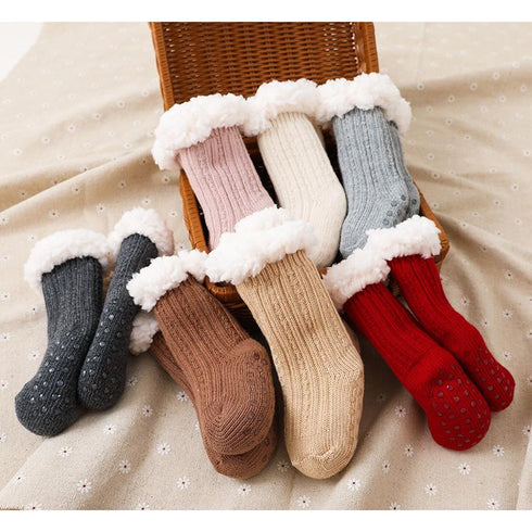 Super thick wool lamb wool children's floor socks plus velvet baby socks non-slip baby floor socks