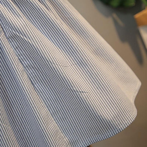 Summer Girl's Striped Dress Flying Sleeve Embroidered Doll Neck Skirt