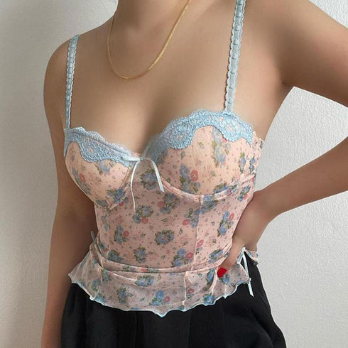 Spliced Lace Floral Side Split Mesh Sling