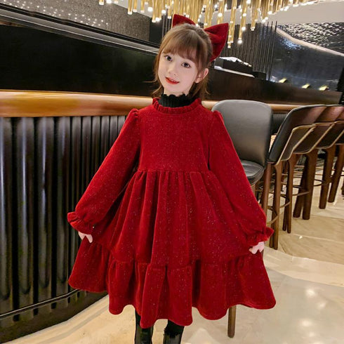 Add velvet sparkling red fairy dress New Year Christmas elegant dress children's foreign style princess dress