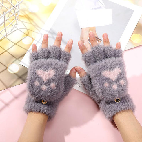 Bear's paw imitation mink cat's claw half finger flip writing warm gloves