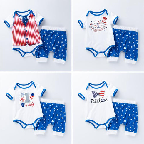 Holiday Style Independence Day Printed Short Sleeved Khaki Star Harun Pants Set