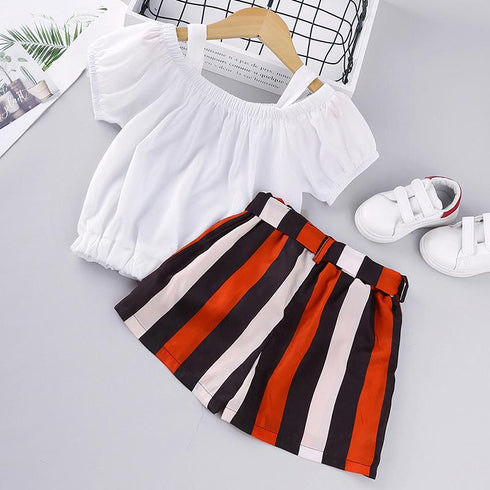 Summer girls suspender short sleeve striped shorts set