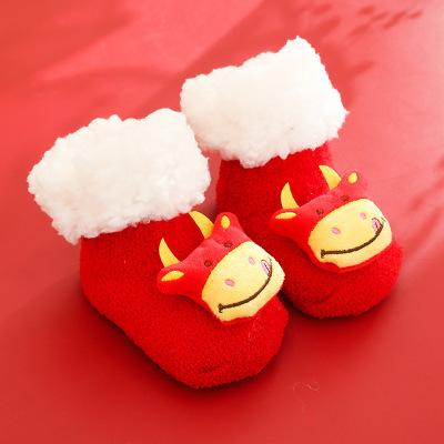 Cartoon New Year socks padded lamb velvet coral fleece children's floor socks baby baby floor socks (six pairs)