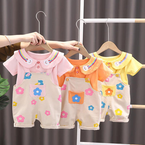Cute Rabbit Short Sleeved Top Flower Suspender Shorts Set
