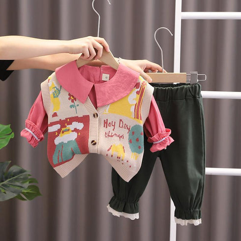 Girl's Personality Sweater Cardigan Three Piece Set Baby Girl's Lapel Shirt Long Sleeve Set
