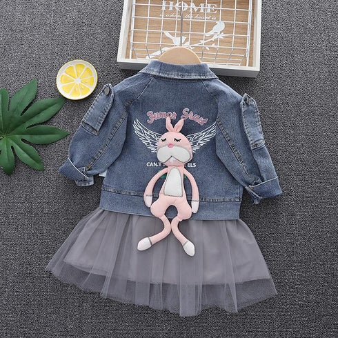 Casual Cowboy Coat Two Piece Set Baby Girl Round Neck Lace Dress Set
