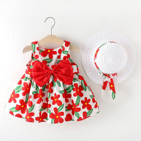Summer New Baby Girl Vest Dress Princess Dress Straw Hat Flower Dress Two-piece Set