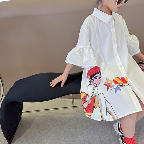 Girls' Graffiti Shirt Collar Lotus Leaf Sleeve Princess Skirt