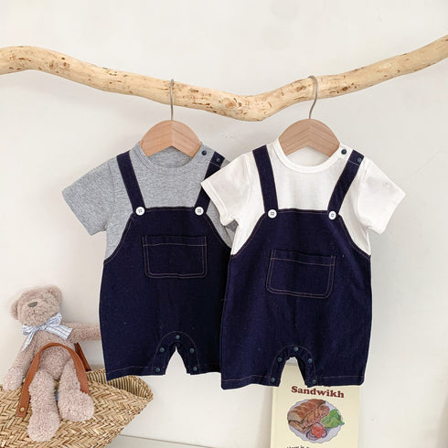 Infant children's clothing jumpsuit short sleeve fake two-piece halter strap climbing suit
