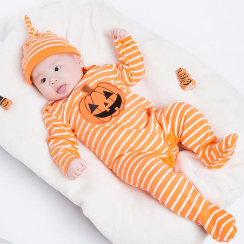 Holiday Halloween Baby Cotton Long Sleeve Striped Jumpsuit Cartoon Pumpkin Baby Creeper Hat