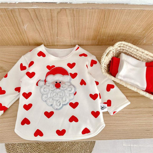 New Year's cute Santa Claus wave dot pullover long sleeve warm heart sweater plus velvet pants