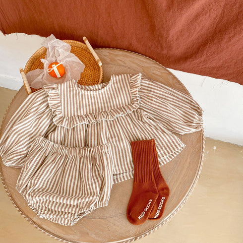 Lotus collar striped long sleeve skirt breaded pants two-piece suit