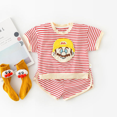 Cartoon Embroidered Stripe Short Sleeve Shorts Two Piece Set