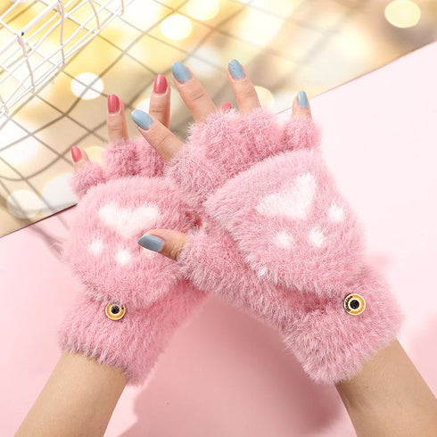 Bear's paw imitation mink cat's claw half finger flip writing warm gloves