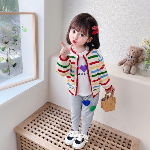 Round Neck Color Striped Cardigan Long Sleeve Three Piece Set Baby Girls Sports Pants Set