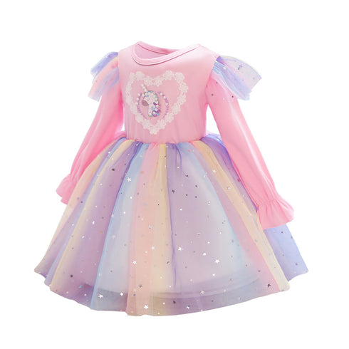 Girls' Dress Long Sleeve Unicorn Rainbow Sequin Mesh Princess Dress