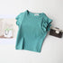 Ruffled Crewneck Feifei Short Sleeve T-Shirt Solid Color Top