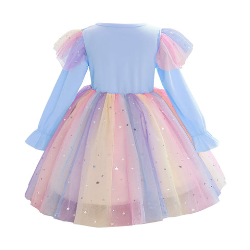 Girls' Dress Long Sleeve Unicorn Rainbow Sequin Mesh Princess Dress