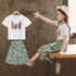 Girls Summer Leaf Graffiti T-shirt Lace Up Wide Leg Pants Two Piece Set