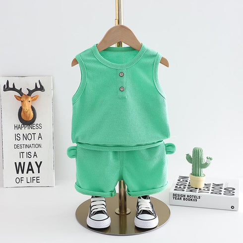 Round Neck Solid Color Thin Sleeveless T-shirt Kids' Casual Two-piece Set
