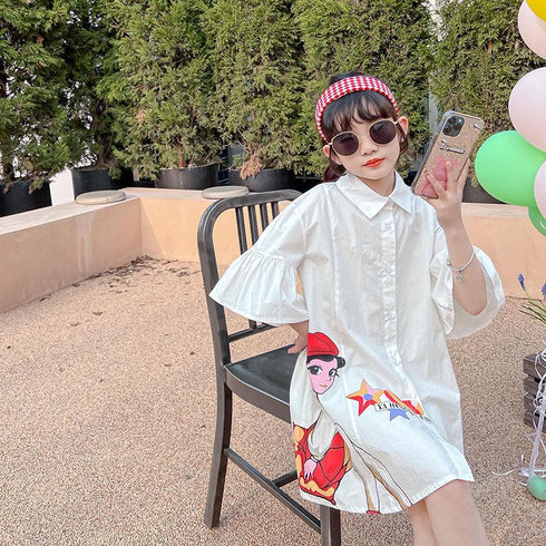 Girls' Graffiti Shirt Collar Lotus Leaf Sleeve Princess Skirt