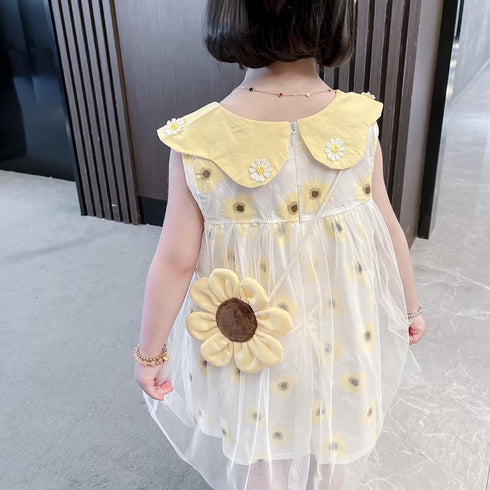 Summer New Girl Doll Collar Gauze Dress Sunflower Bag Vest Dress Set