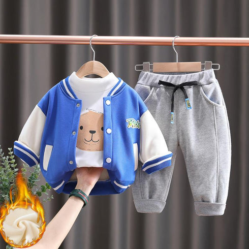 Boys winter plus velvet baseball suit sports pants set of three