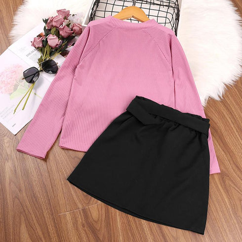 Spring and Autumn Girls Knitted Long Sleeve Skirt Two-Piece Set