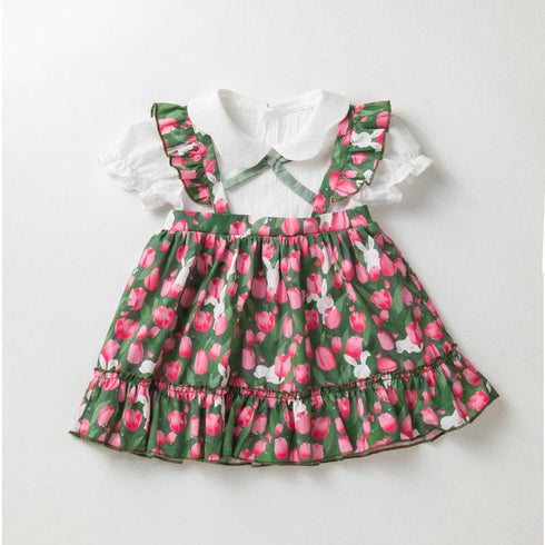 Cute Color Matching Long Skirt Short Sleeve Fake Two Shirt Skirt