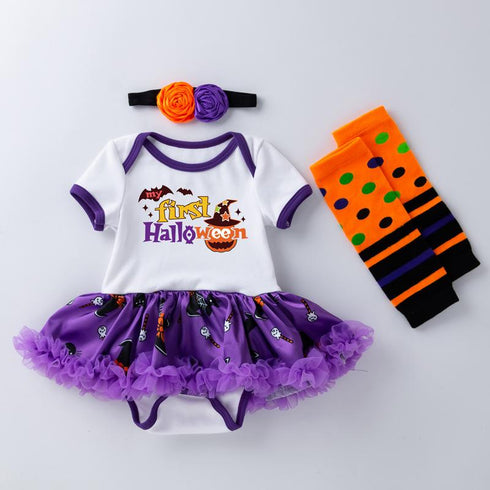 Halloween Baby Dress Printed Net Sand Dress, Exotic Cute Short Sleeved Dress And Socks Set