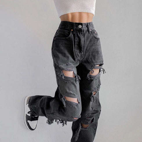 Hip Hop High Waist Straight Jeans With Rough Edges And Holes